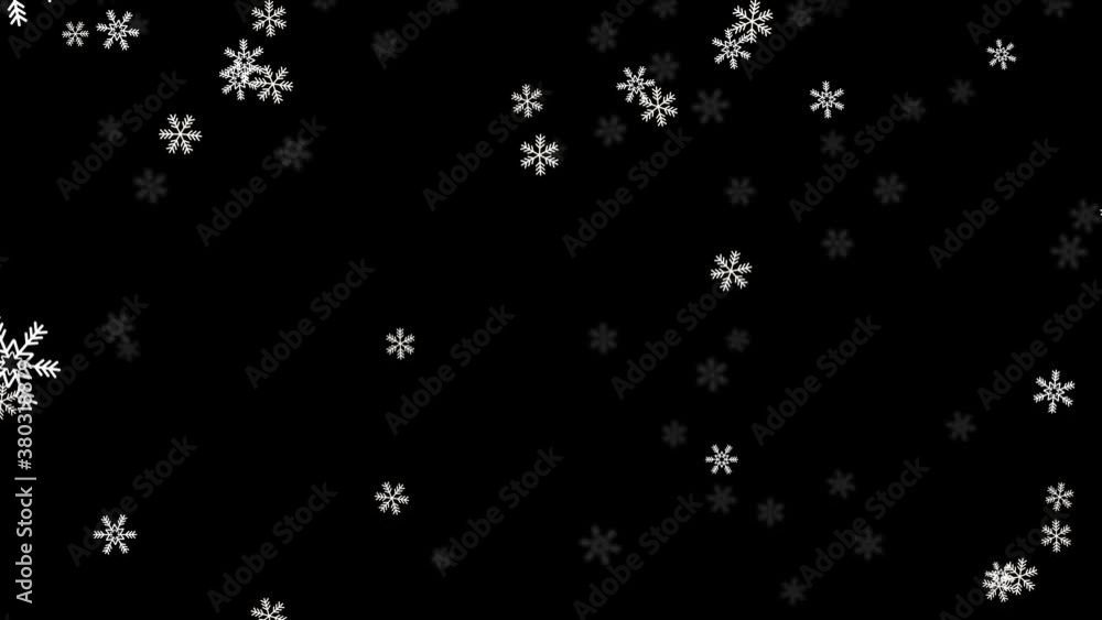 Poster falling snow isolated on black background green screen loop animation. realistic snowflakes animatio