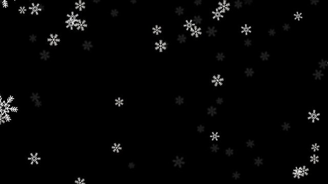 Falling snow isolated on black background Green Screen Loop Animation. Realistic snowflakes Animation, winter, Snowstorm, abstract, snowflakes, calm snow Christmas and New year.