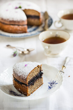 cake with buckwheat flour stuffed with blueberry jam