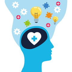 mental health day human profile and heart with bulb idea