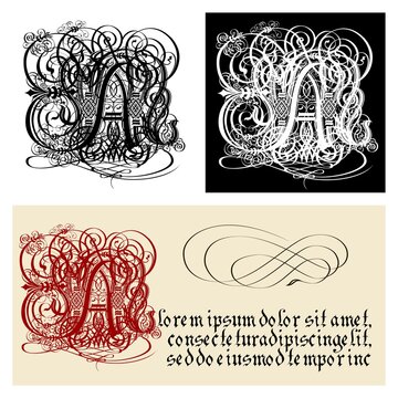 Decorative Gothic Letter A. Uncial Fraktur calligraphy.
