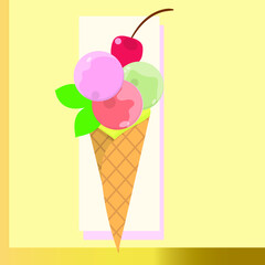 Sweet ice cream in a waffle Cup with berries cherries and crunchy candy for instagram sites design background