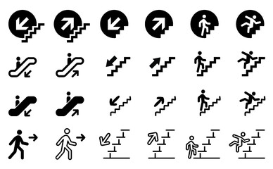 Escalator elevator icon. Moving staircase, moving stairway. Up and down stair sign. walk upstairs or walking downstairs. pictogram. Funny flat vector people, person. Stairs symbol. Sep up or down.