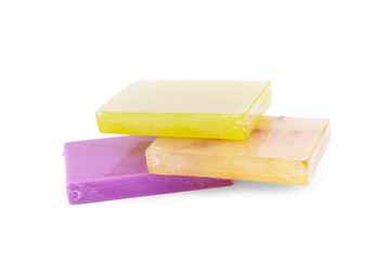 Different soaps in different soap dishes. A lot of solid soap for hygiene and cleanliness. Colorful...