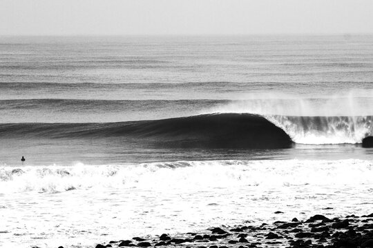 Black and white photo of a perfect wave and surfer