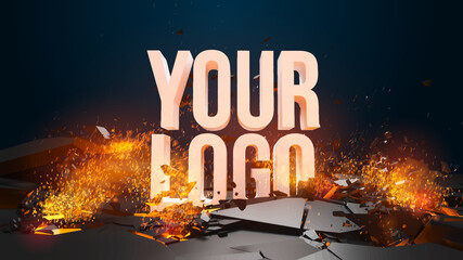 Explosion and flying debris, fire and sparks. Template for your logo or text. All basic elements are on separate layers for easy handling. You can easily replace the text with your logo. Vector