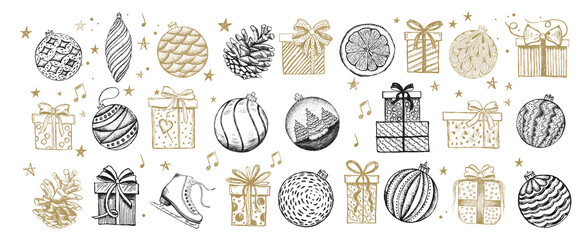 Christmas and New Year set. Hand drawn illustration. Vector.	