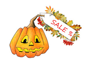 Golden halloween pumpkin autumn poster card with the different tree leaves illustration. Perfect for informational plates and frames, greeting cards.