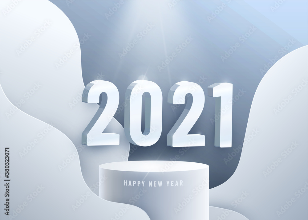 Poster happy new year 2021. big 3d ice numbers on circular podium on which the light falls from above. vect