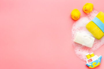 Baby care products on the table in bathroom