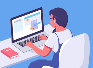 Young woman works on the laptop cartoon vector illustration