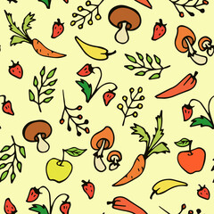 autumn vector seamless pattern with hand-drawn mushrooms, apples, carrots, peppers, strawberries and leaves. it can be used as wallpaper, background, print, textile design, notebooks, wrapping paper.