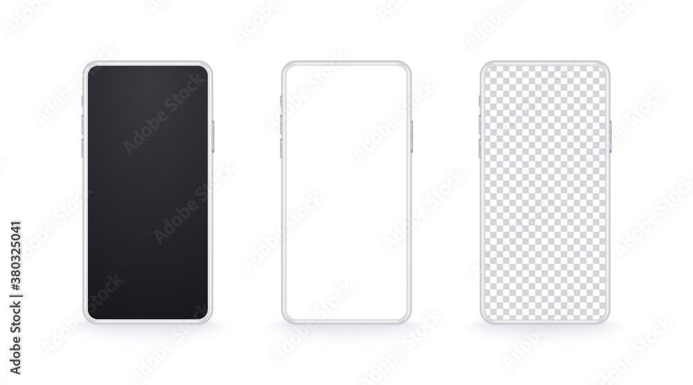 Poster realistic white mobile phone mockup. device set with modern thin frame and black, light and transpar