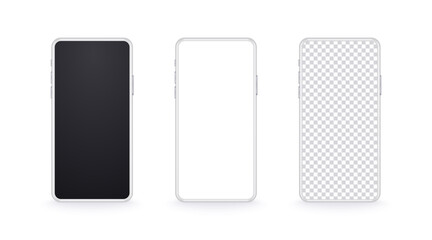 Realistic white mobile phone mockup. Device set with modern thin frame and black, light and transparent screen. 3d Smartphone mockup for show your app design. Front view of cellular display.