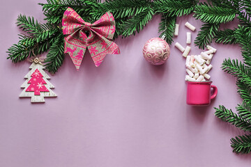 Branches of a Christmas tree with Christmas decorations on a lavender background. Template for a greeting card or design.
Christmas composition.Flat sunbed, top view, copy space