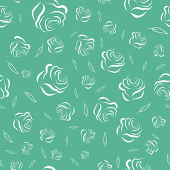 Seamless pattern of white roses on a green background.