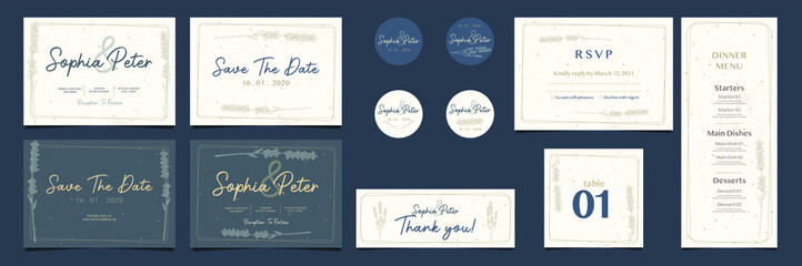Wedding Invitation, menu, rsvp, label, table number, envelope. Floral design blue and beige fern leaves, foliage greenery decorative frame print. Vector elegant cute rustic greeting, invite postcard