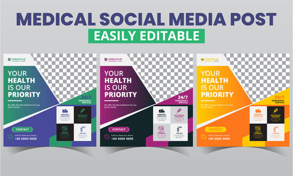 Medical Social Media Post design editable vector. Modern Digital Marketing promo social media abstract geometric Healthcare post template Timeline square Web Banner & Poster Layout with photo collage.