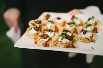Server passing around tray of hor d'oeuvres appetizers at wedding