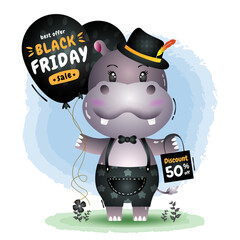 Black friday sale with a cute hippo hold balloon promotion and shopping bag illustration