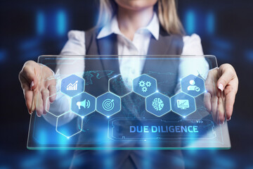 Business, Technology, Internet and network concept. Businessman working on the tablet of the future, select on the virtual display: Due diligence