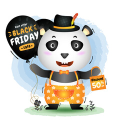 Black friday sale with a cute panda hold balloon promotion and shopping bag illustration