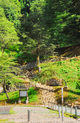 新緑の一乗谷の朝倉史跡の階段
