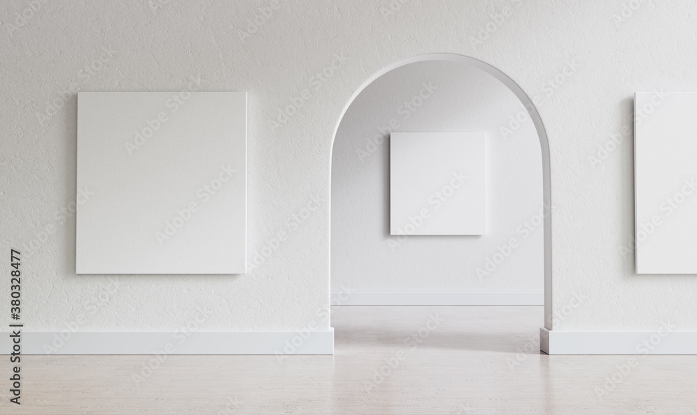 Poster Big, empty interior with large mock-up canvases and circular arc entrance to another space. Minimalistic style with full of empty space. Shallow depth of field. 3D render illustration.