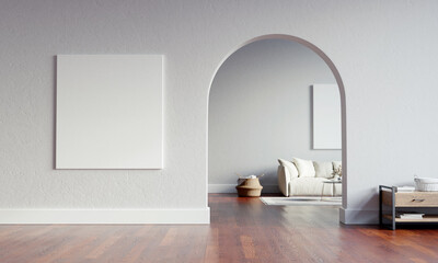 Big interior with large mock-up canvas and circular arc entrance to another space. Minimalistic style with full of empty space. 3D render illustration. - obrazy, fototapety, plakaty