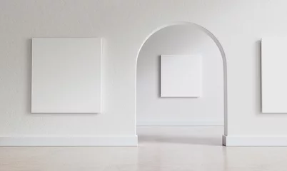 Foto op Plexiglas Big, empty interior with large mock-up canvases and circular arc entrance to another space. Minimalistic style with full of empty space. Shallow depth of field. 3D render illustration. © schab