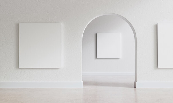 Big, empty interior with large mock-up canvases and circular arc entrance to another space. Minimalistic style with full of empty space. Shallow depth of field. 3D render illustration.