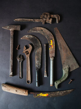 Background of old rustic iron tools.