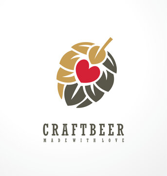 Craft beer logo design layout with hearth shape as part of the hop graphic. Pub or brewery symbol idea. Vector icon.