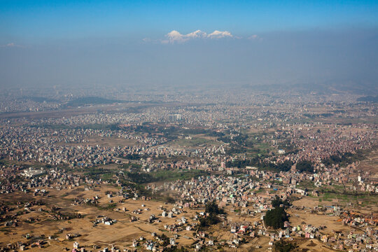 Aerial view of Kathmandu Valley with a thick smog of black carbon hovering over it.