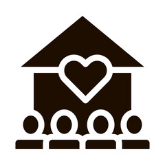 Volunteers Support House Vector Icon. Volunteers Support, Charitable Organizations Pictogram. Heart On Building, People Silhouette Blood Donor Contour Illustration