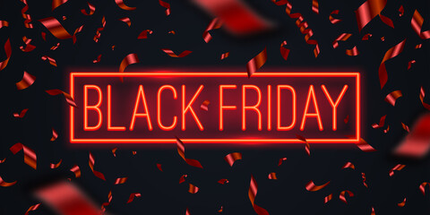 Black friday sale design. Red confetti and red neon glowing signboard. Vector illustration. Design for black friday banner, poster, flyer, promo.