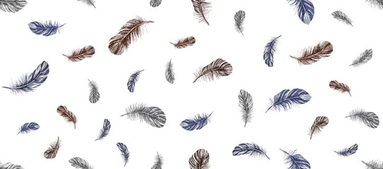 Feathers set on white background. Hand drawn sketch style.	
