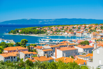 Fototapeta na wymiar Panoramic view of town of Cres on the island of Cres in Croatia, beautiful Adriatic seascape