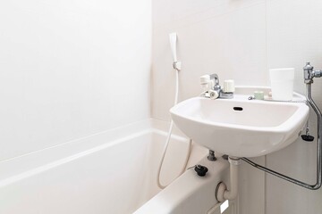 Small bathtub and shower in the bathroom at the hotel.