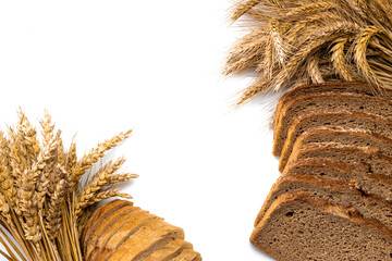 Baguette bread. Rye bakery with crusty loaves and crumbs. Fresh loaf of rustic traditional bread...