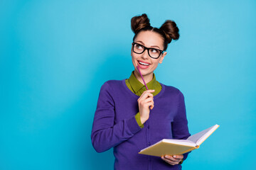 Portrait of her she nice attractive pretty smart clever cheerful girl geek learning writing doing...