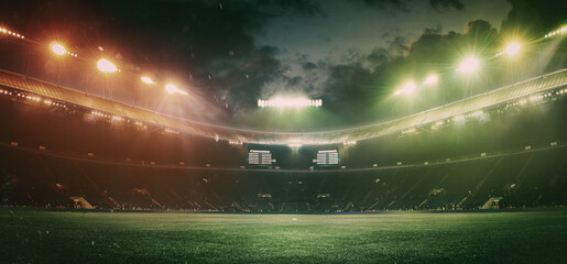 Full stadium and neoned colorful flashlights background. Flyer with copyspace in modern colors....