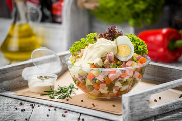 spring salad with spinach,egg,ham