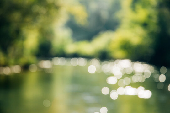 Beautiful river and forest on sunny autumn day-blurred image