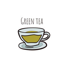 A cup of hot green tea. Slimming and energy drink. Healthy food and lifestyle concept. Doodle style. Vector illustration on isolated background