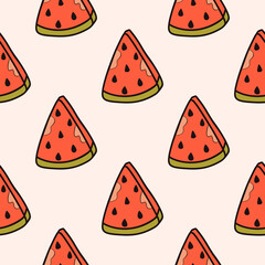Watermelon slices seamless pattern. Juicy summer fruit. Pink and green color, light background. Doodle style. Vector illustration. For print and web