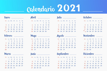 Wall calendar 2021 in Spanish. 12 months. Sunday is highlighted in red. Horizontal poster, banner, web	 illustration