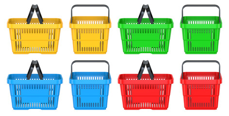 Set of Side and Frot views of a Yellow, Green, Blue, Red empty customer plastic shopping basket. 3d rendering illustration isolated on white background.