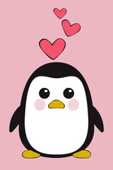 Penguin in love. Hearts above penguin vector illustration.