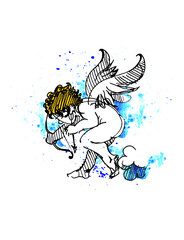 Little cupid with a bow on the clouds. Amor with wings. Eros. Deity of love